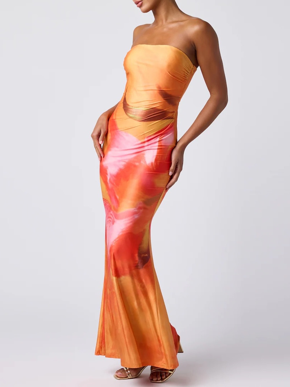 Lulu's Strapless Orange & Pink Marble Maxi Gown